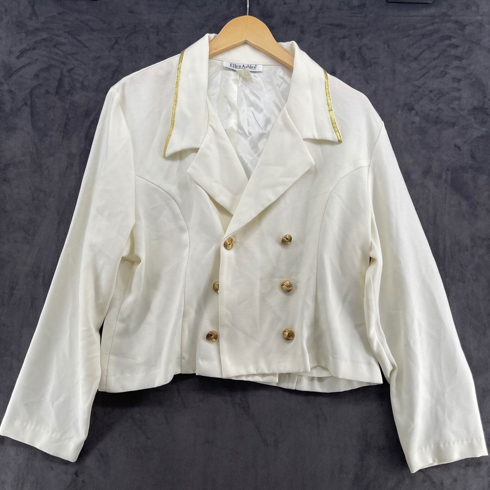 Ellen Ashley Vintage White Double Breasted Blazer Gold Buttons Cropped Size 16